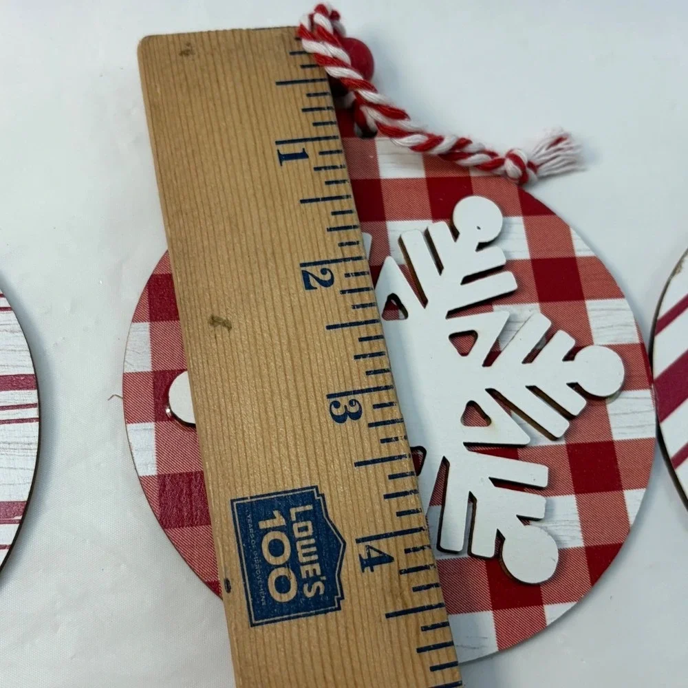 4pc Red White Wooden Snowflake Christmas Ornaments Plaid Polka Dot Striped Decor